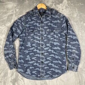 Polo Ralph Lauren Indigo Camo Military Denim Button Up Shirt Men Blue Size S